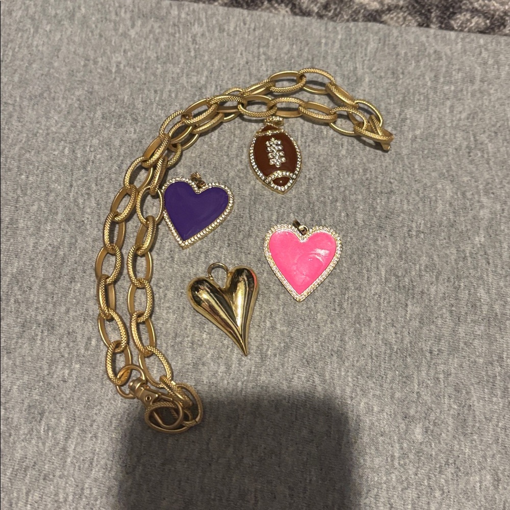 Virtue Gold Heart Pendant with Purple,Pink, football Charms with gold necklace
